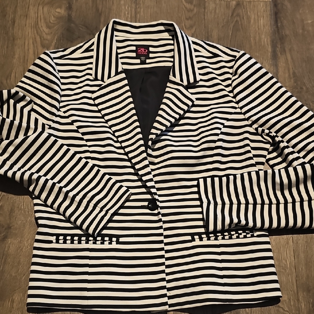 2b bebe Blazer Striped Black White Large Vintage Retro Stretch Contemp Jacket
